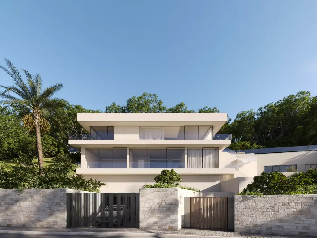 Render CGI de villa de lujo con luz solar optimizada, visualización arquitectónica de Maverick Frame Studio