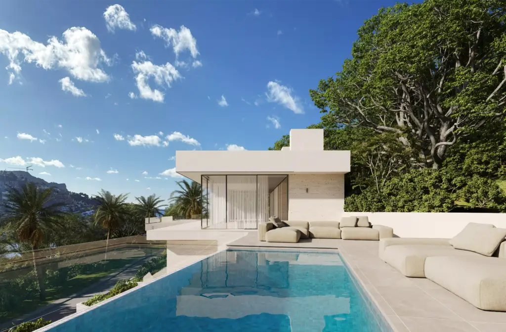 Render CGI de villa de lujo con luz solar optimizada, visualización arquitectónica de Maverick Frame Studio