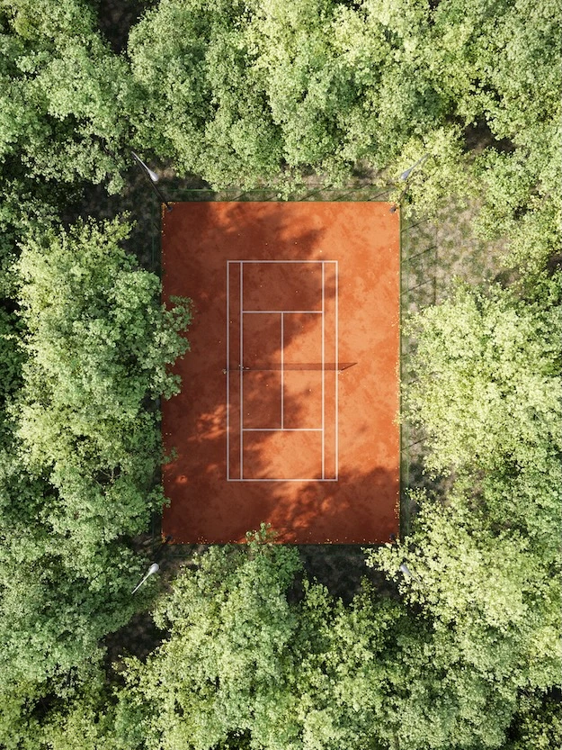 3D visualization aerial tennis court shown in natural landscape