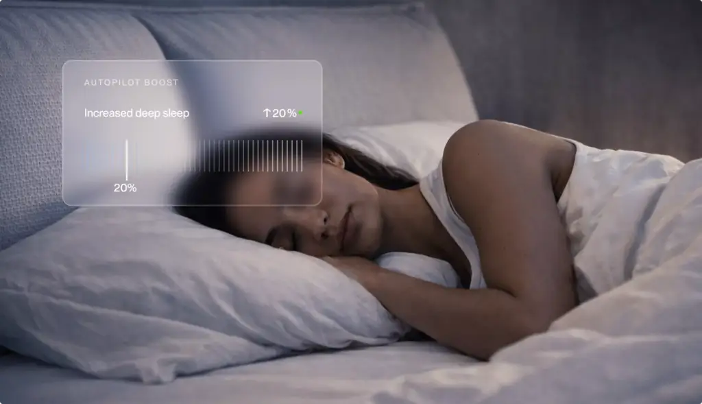Animatie van slaapaccessoires met een slapende vrouw en interface voor diepeslaapmeting