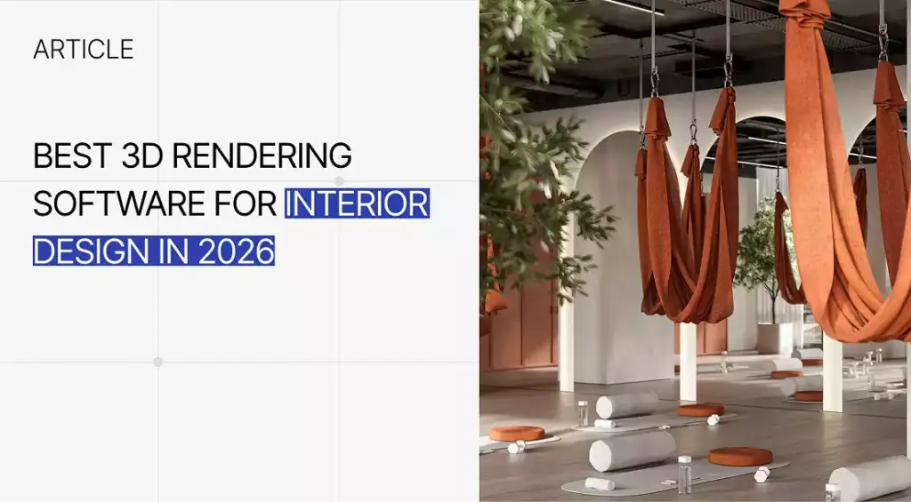 Interior studio with hanging fabric seats and mats, Best 3D Rendering Software for Interior Design in 2026