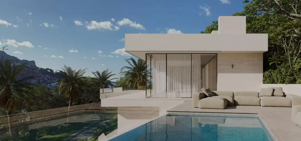 Luxevilla op een helling met infinity pool en panoramisch terras in vol zonlicht