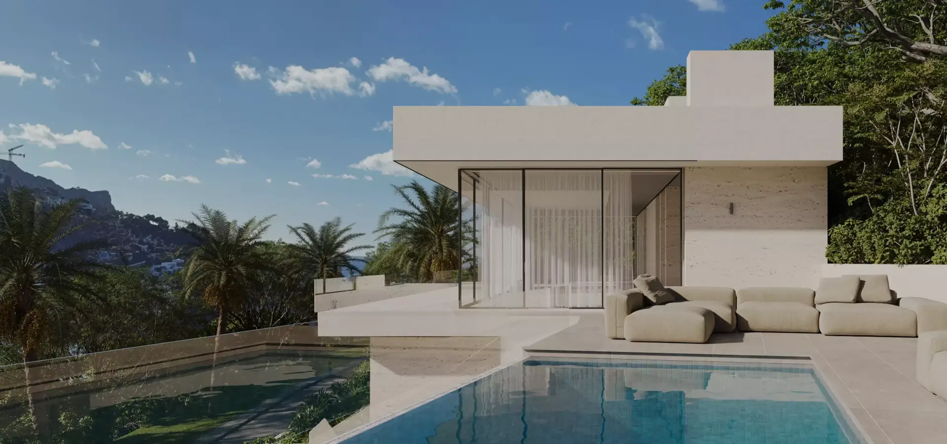 Villa de lujo en ladera con piscina infinita y terraza panorámica, render CGI con luz solar optimizada