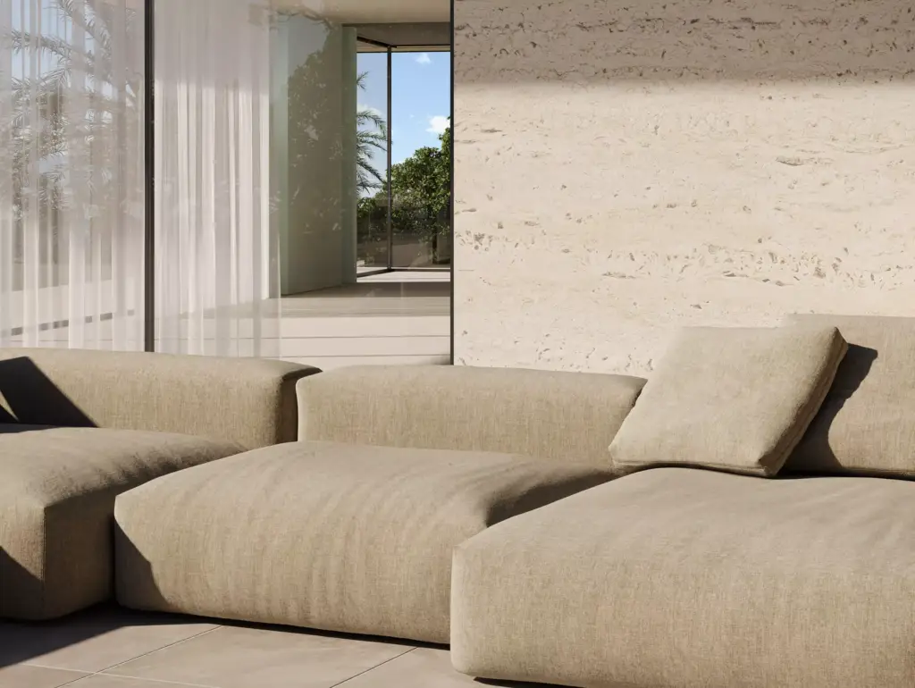 Render de detalle arquitectónico de la villa de lujo con luz solar optimizada