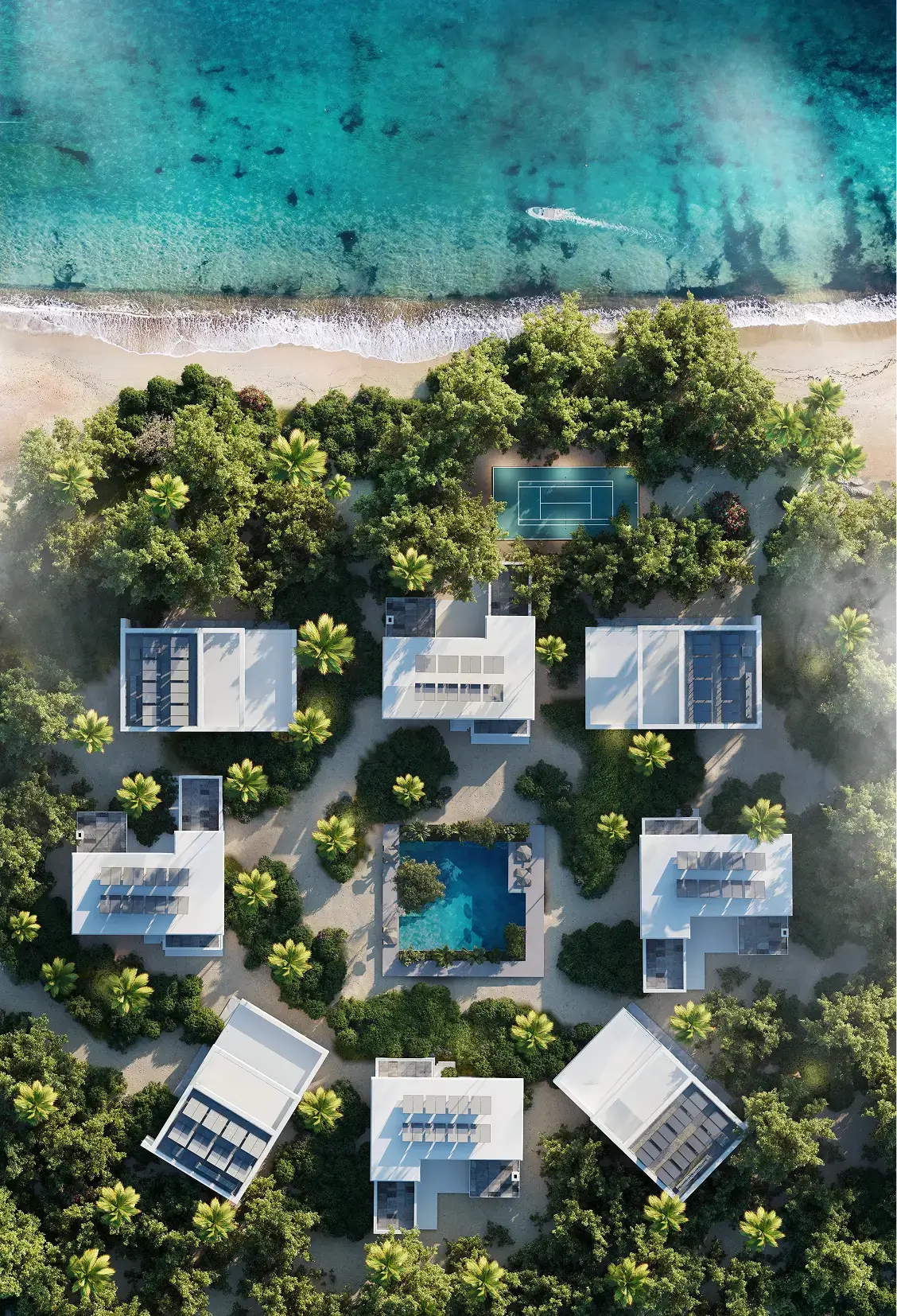 3D architectural rendering of beachfront villa masterplan with central pool, palm trees and shoreline