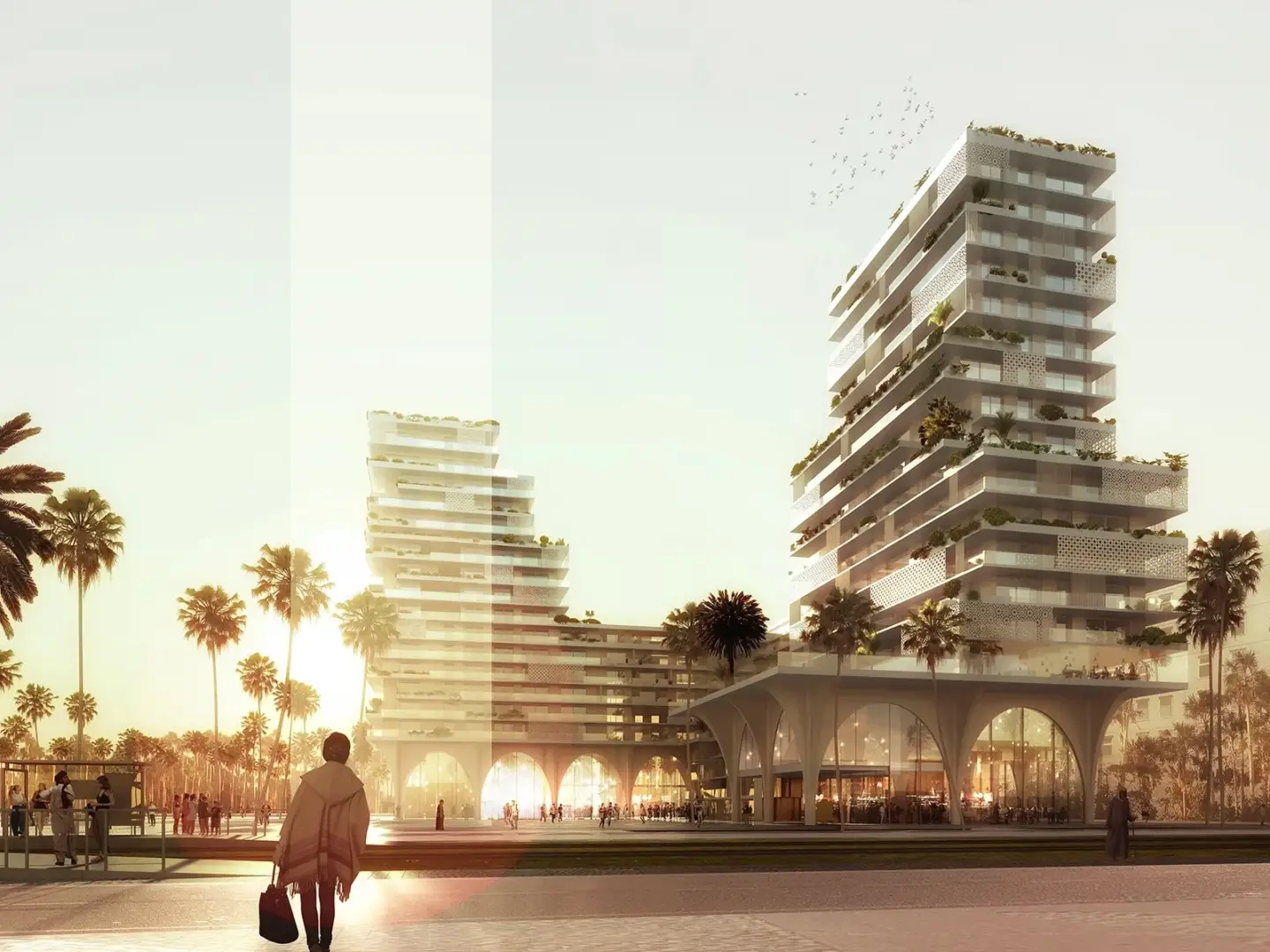 3D architectural rendering of twin towers with podium retail and palm-lined public plaza at sunset