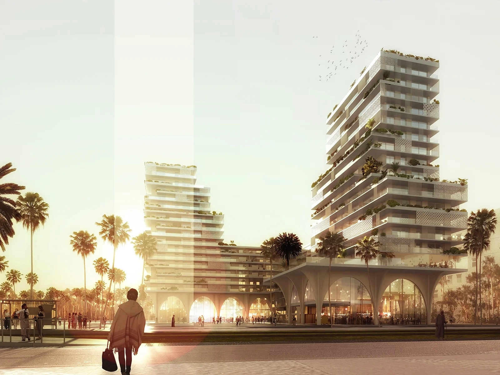 3D architectural rendering of twin towers with podium retail and palm-lined public plaza at sunset