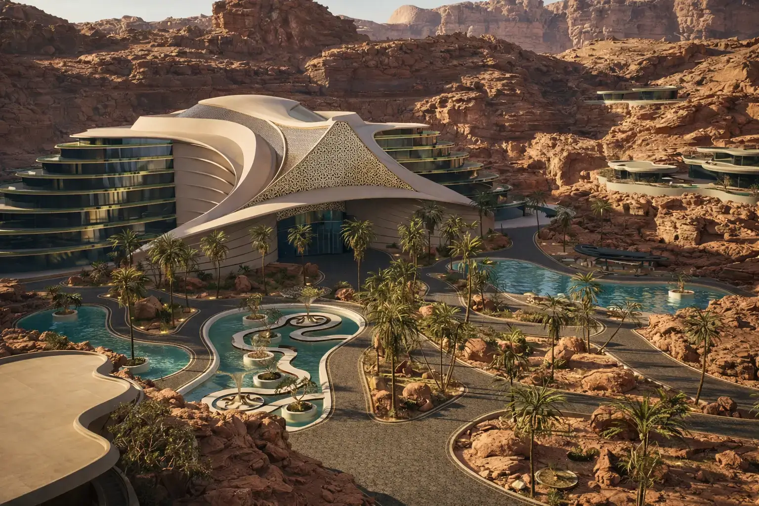 3D architectural rendering of desert canyon resort with terraces, pools and palm-lined pathways