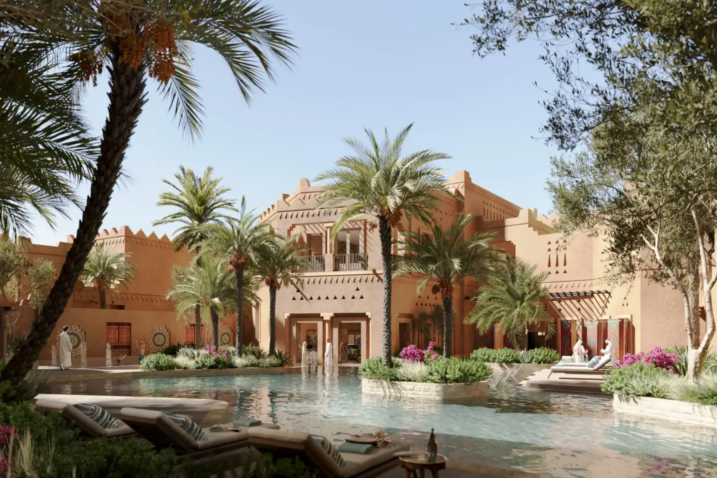 3D architectural rendering of desert courtyard villa with palm trees, central pool and clay-toned walls