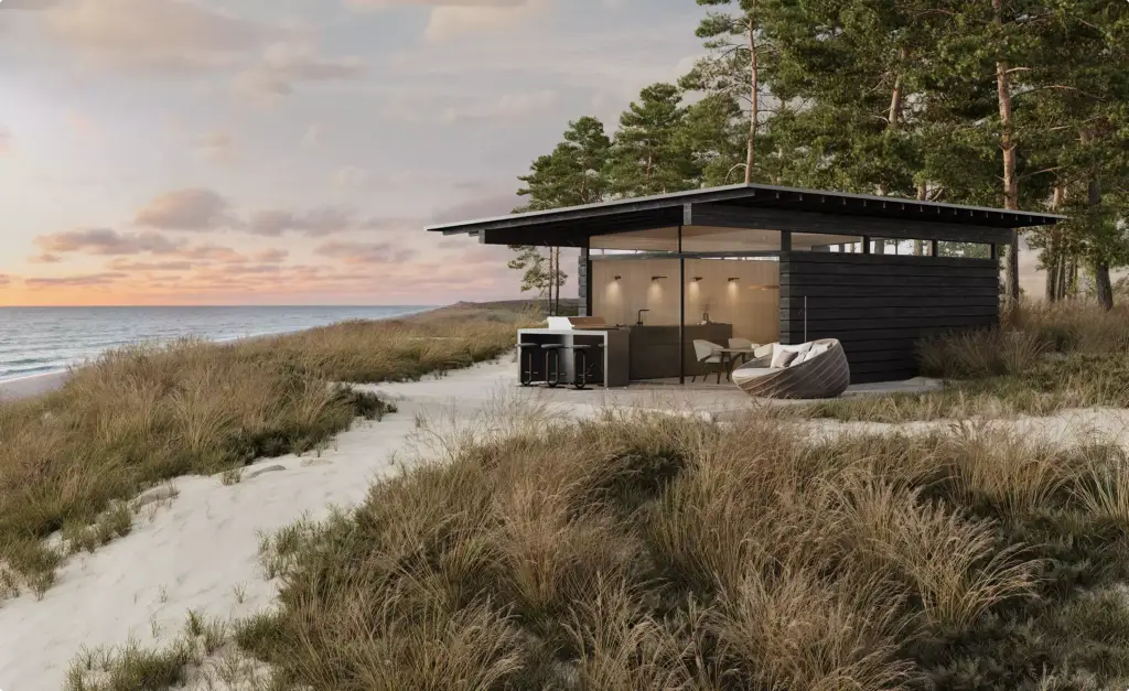 Eco houses design with modern beach cabin and glass walls on sandy coast with pine trees
