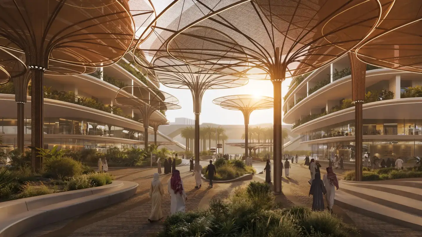 3D architectural rendering of futuristic plaza with canopy structures and pedestrians at sunset