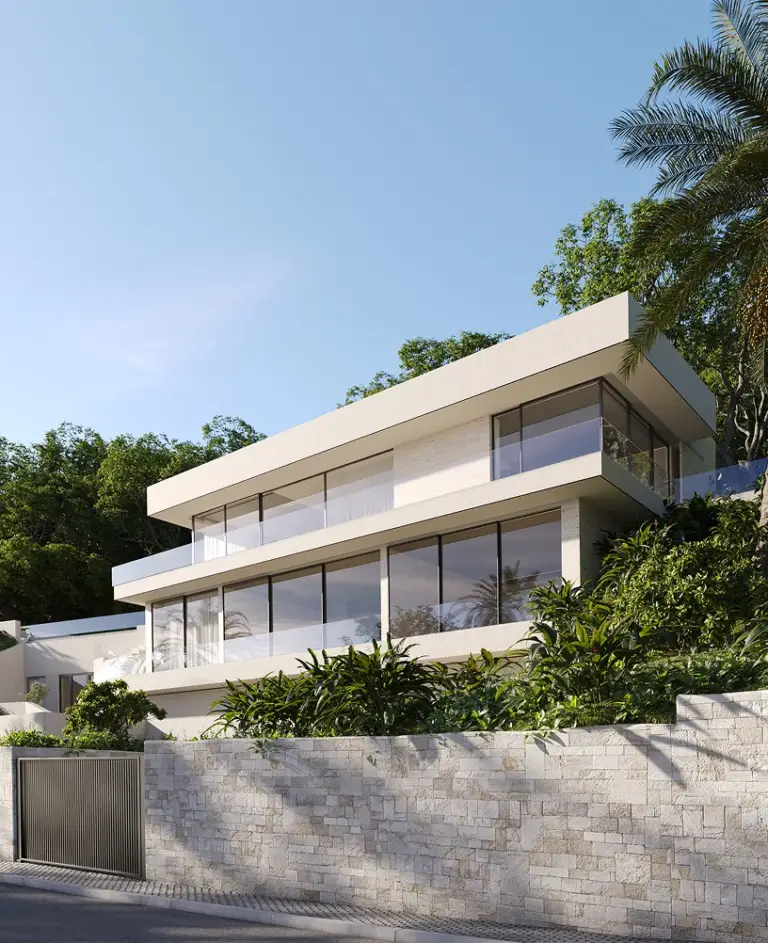 Rendering della villa bianca contemporanea vista dalla strada, con muro in pietra e cancello
