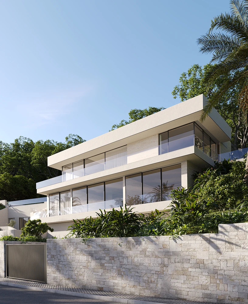 Render CGI de villa de lujo con luz solar optimizada, visualización arquitectónica de Maverick Frame Studio