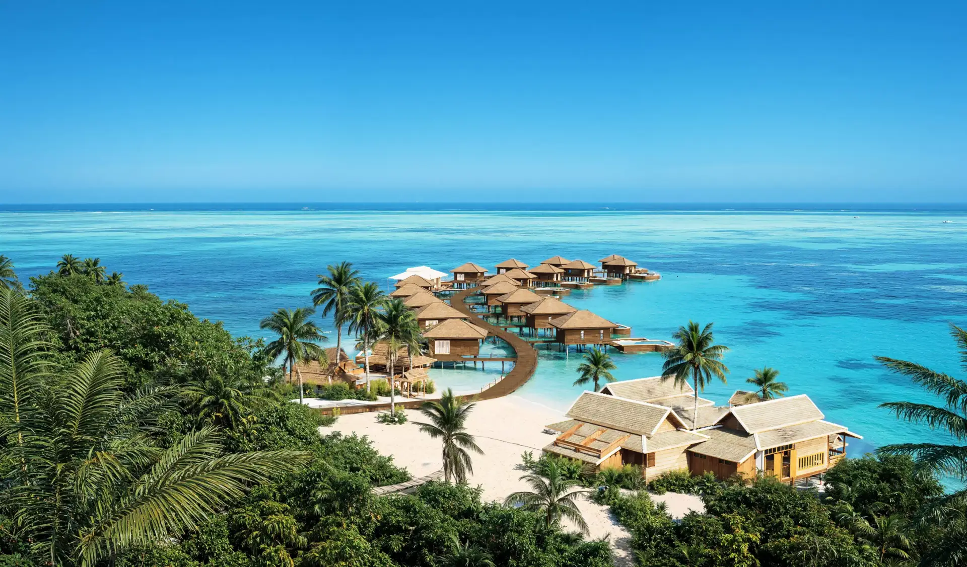 Visualización arquitectónica de un resort frente al mar con villas sobre el agua y tumbonas en una terraza privada sobre un mar turquesa en calma.