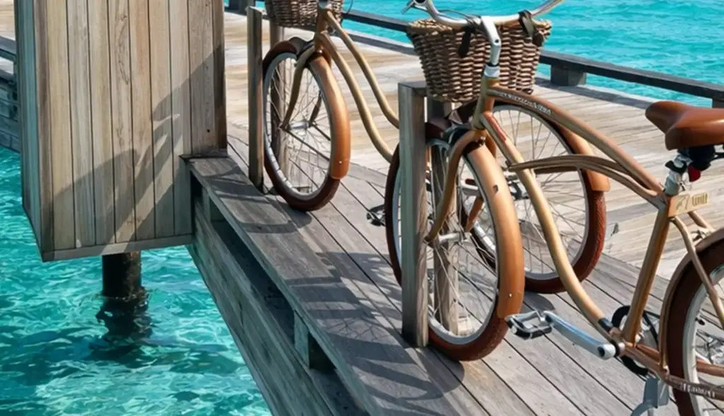 Visualización arquitectónica de dos bicicletas de paseo aparcadas en un muelle de madera sobre agua de laguna turquesa y transparente.