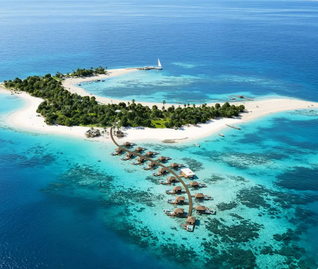 Visualización arquitectónica de un embarcadero curvo de villas sobre el agua que sale de una isla tropical hacia un arrecife turquesa poco profundo