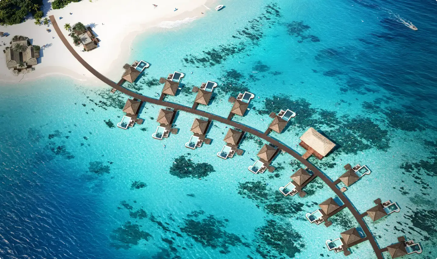 Maldives resort architecture CGI of overwater villas at Design Hotels Maldives