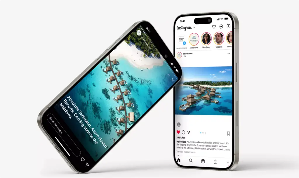 Visualización arquitectónica de dos smartphones con publicaciones de Instagram del resort tropical de villas sobre el agua