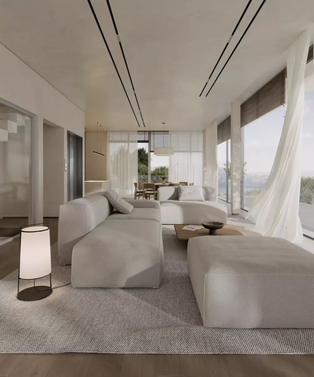 Render del salón interior de la villa de lujo con luz solar optimizada
