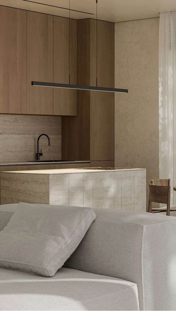 Render del salón interior de la villa de lujo con luz solar optimizada