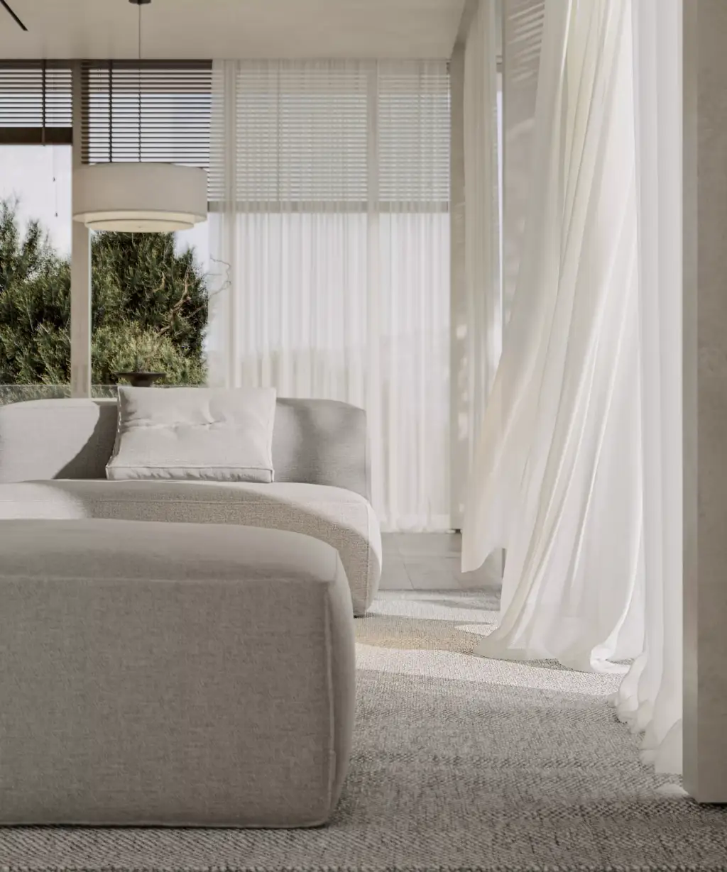 Render del salón interior de la villa de lujo con luz solar optimizada