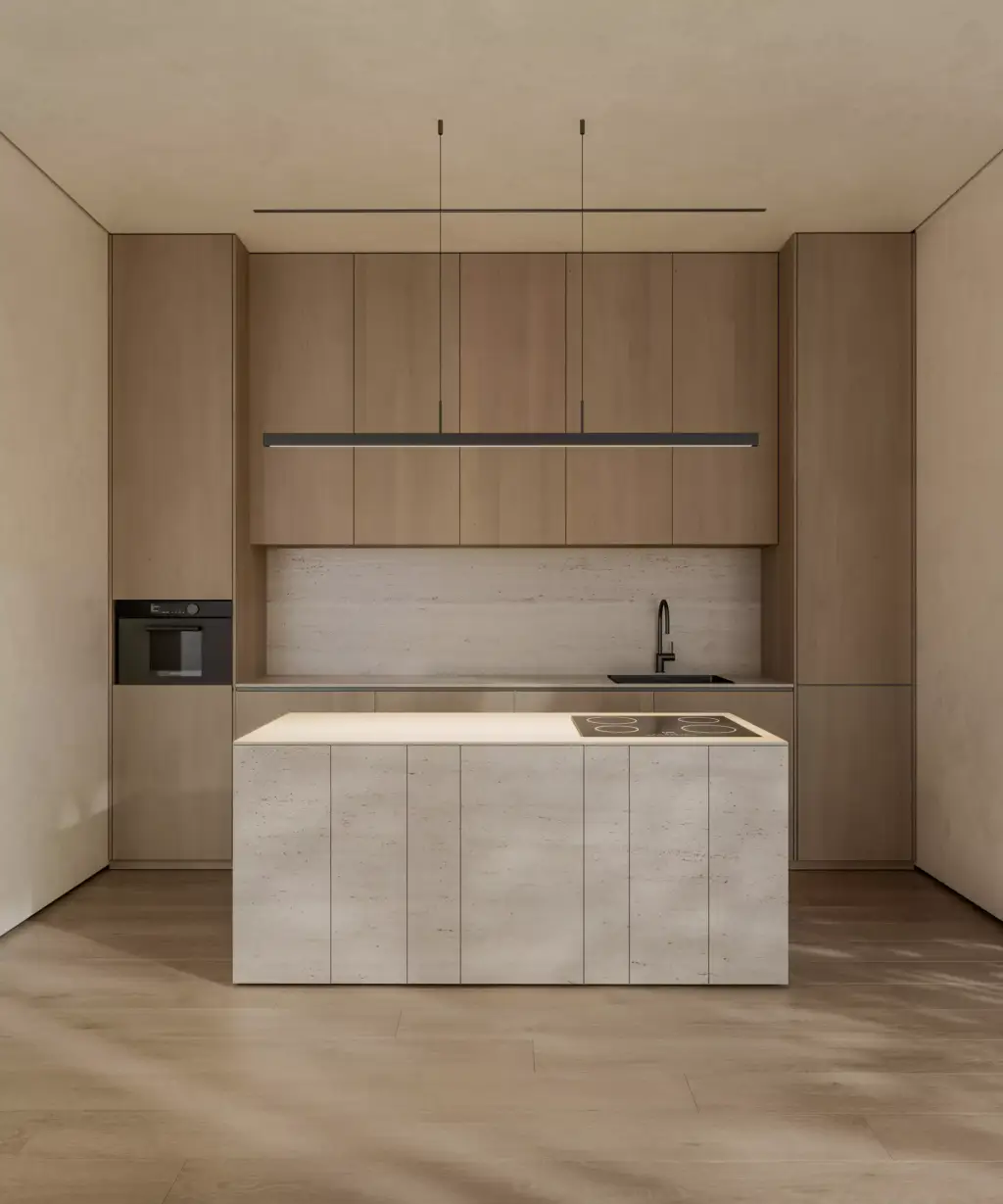 Render del salón interior de la villa de lujo con luz solar optimizada