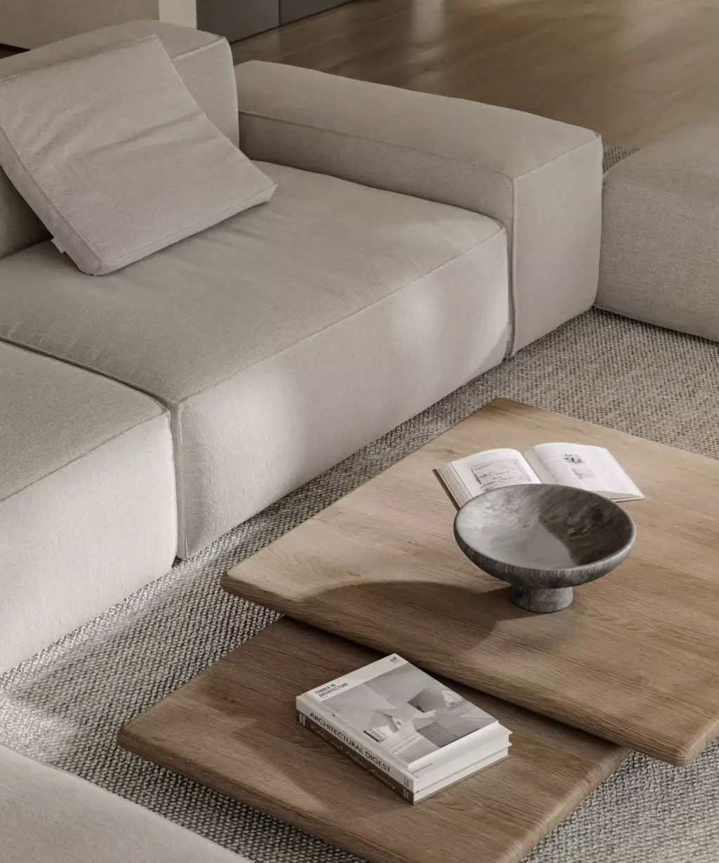 Render del salón interior de la villa de lujo con luz solar optimizada