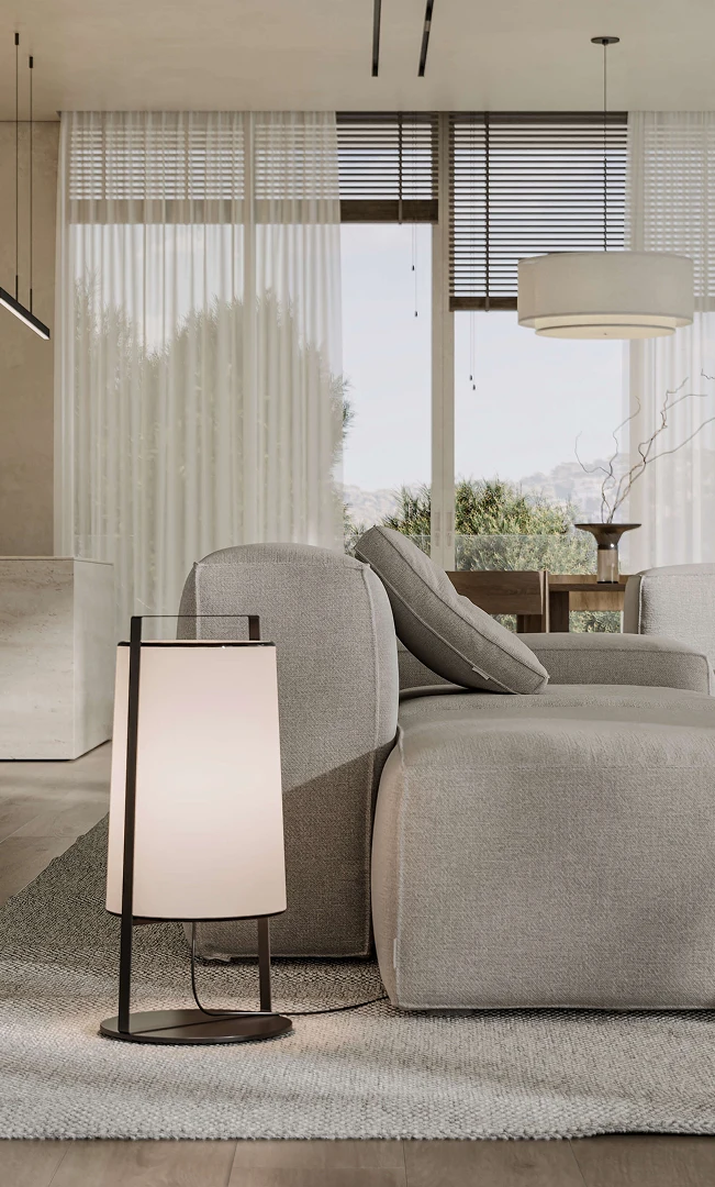 Render del salón interior de la villa de lujo con luz solar optimizada