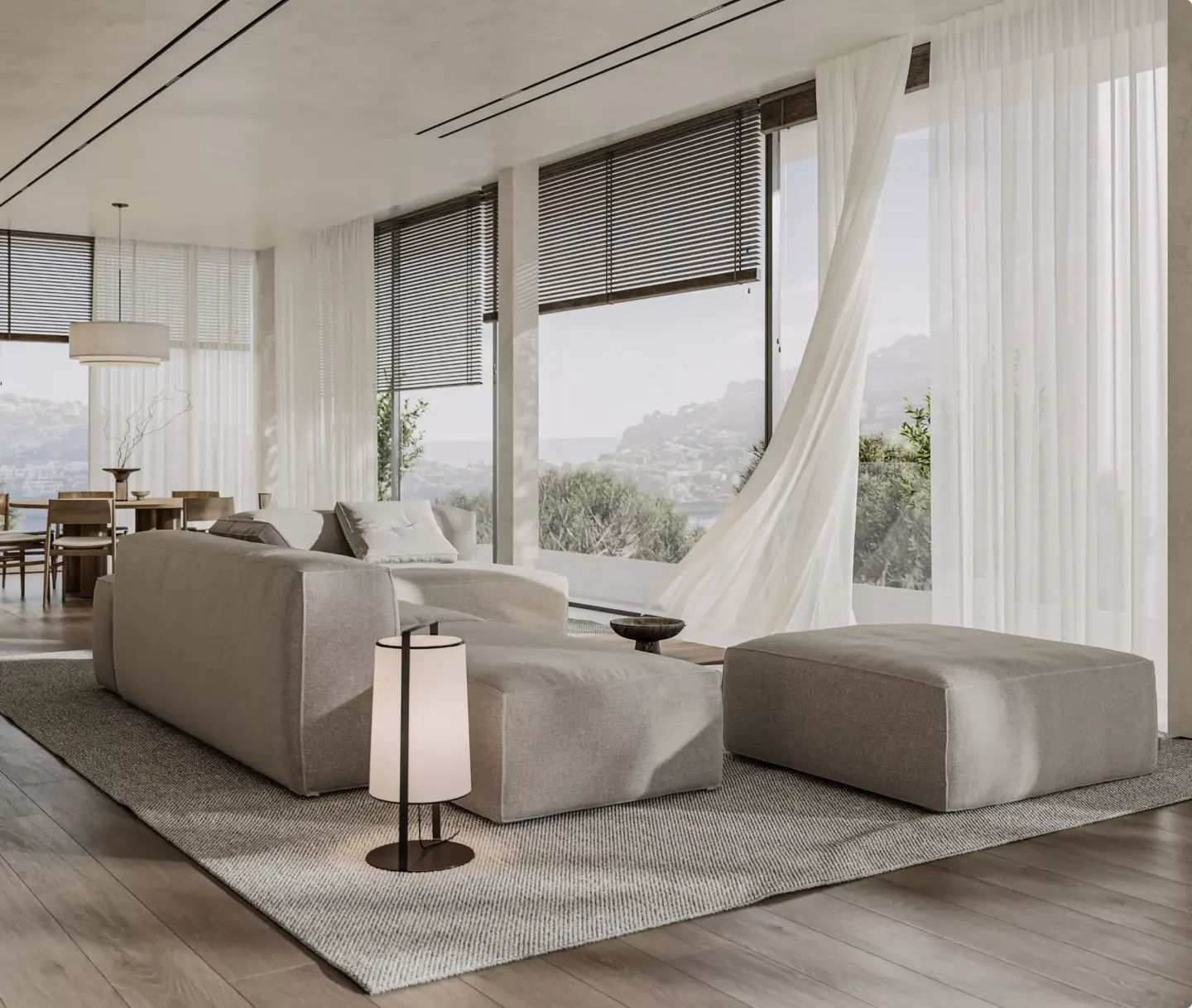 Photorealistic 3D interior rendering of a luxury villa living room, reflecting Qatar's premium residential market