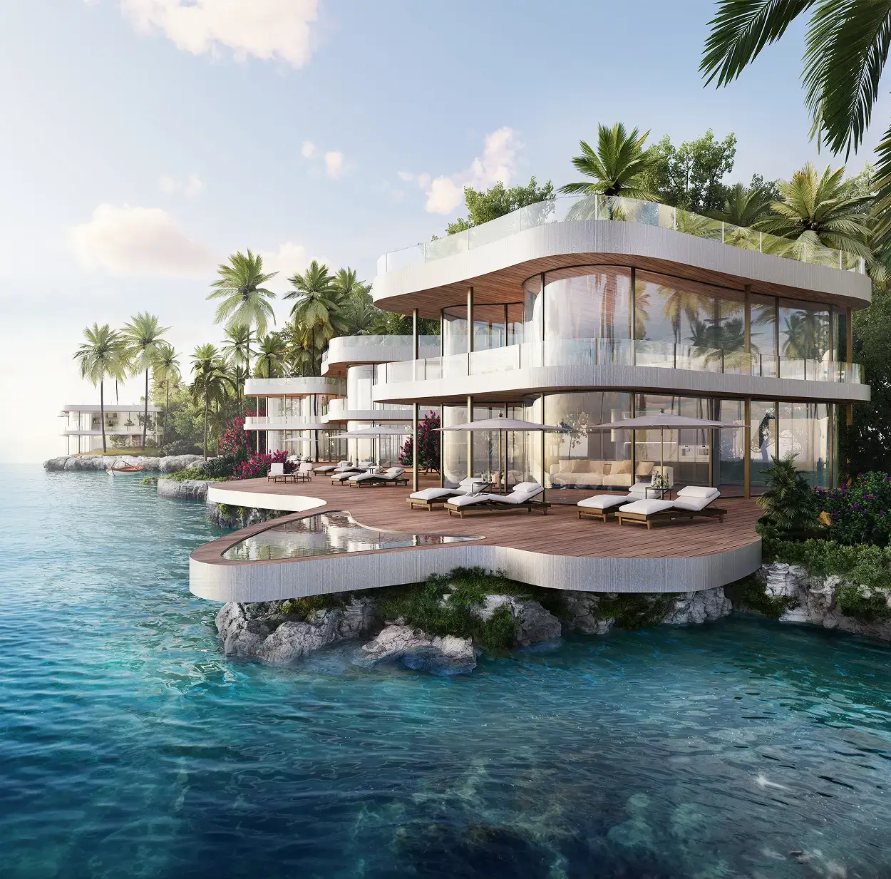 3D architectural rendering of curved waterfront villas with terraces, sun loungers and palm trees