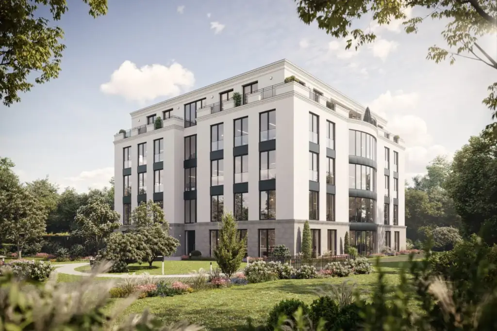 Render of a modern apartment building with balconies in a green park setting