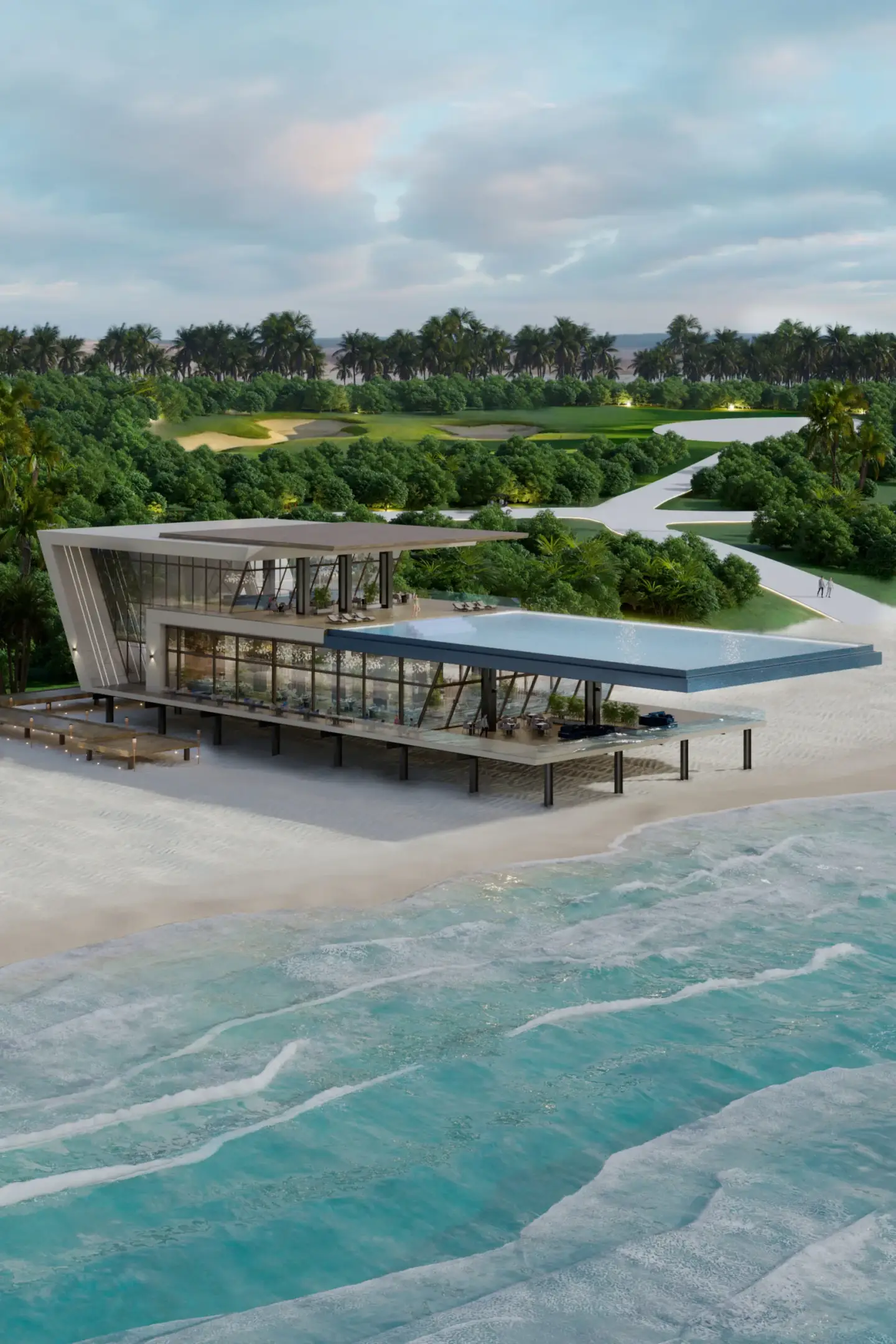 3D architectural rendering of modern beachfront pavilion with glass facade and infinity pool