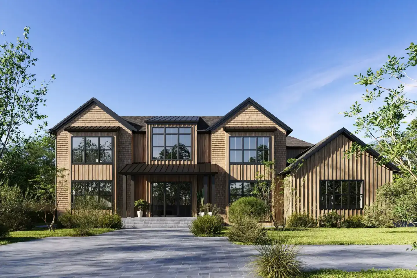 What Is Architectural Rendering: Meaning, Types, Workflow, and Uses Architectural rendering of a modern house exterior with wood facade, black framed windows, and landscaped yard