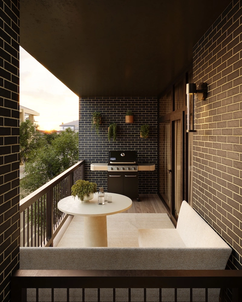 Balcony space architectural 3D visualization with evening lighting