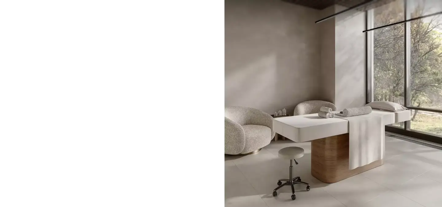 Minimal spa room with massage table and chairs, architectural rendering meaning types workflow uses