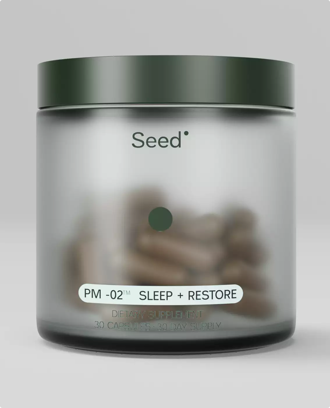 Matte Seed-supplementenpot met zichtbare capsules op neutrale achtergrond, verpakkingsontwerp voor supplementen