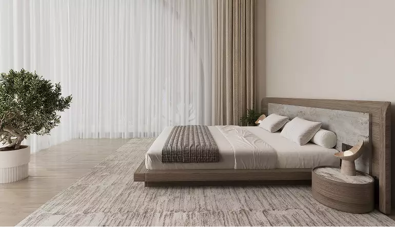 Camera da letto della casa in animazione 3D con letto basso, tende leggere e arredi neutri