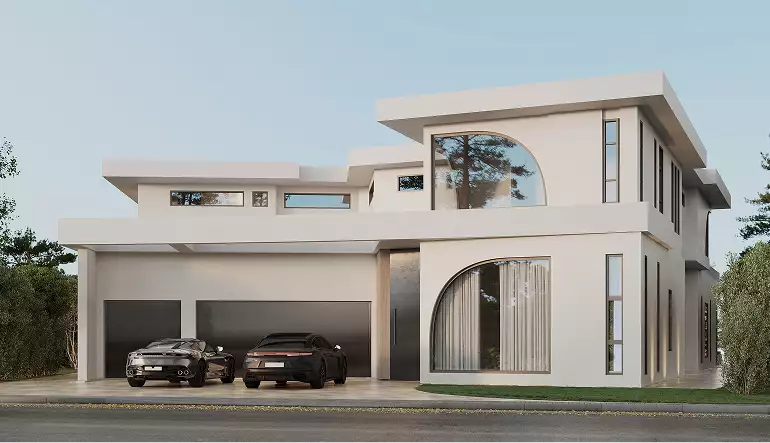 Esterno della casa in animazione 3D con garage, due auto e alte vetrate sulla facciata moderna