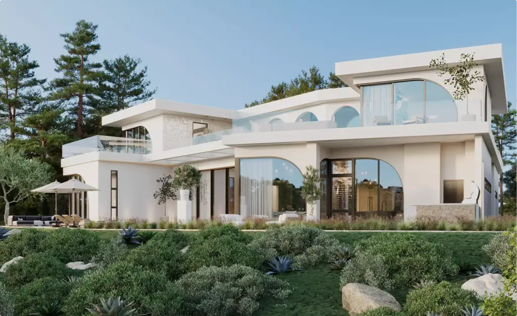 Esterno in animazione 3D della casa con vetrate curve, balconi e giardino progettato