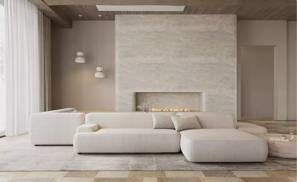 Soggiorno della casa in animazione 3D con divano curvo, camino in pietra e lampade a sospensione