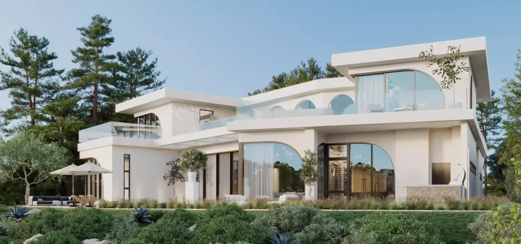 Außenansicht eines Wohnhauses aus einer 3D-Animation mit geschwungenem Glas, Balkonen und angelegtem Garten