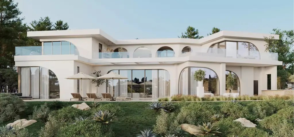 Esterno della casa in animazione 3D con finestre curve, terrazze e giardino curato