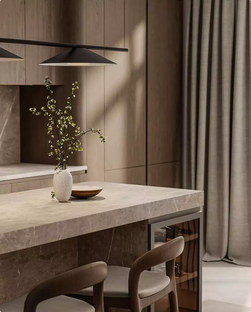 Dettaglio della cucina con isola in pietra, sgabelli in legno, vaso e tende a tutta altezza, tour 3D dell'appartamento