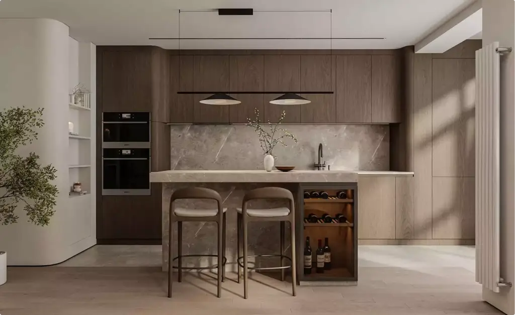 Cucina moderna con isola in pietra, ante in legno, sgabelli e luce naturale calda, tour 3D dell'appartamento