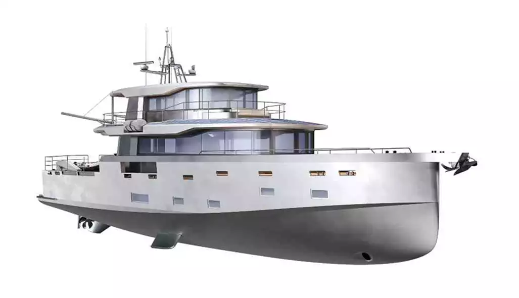 3D-bootvisualisatie van een wit jacht in zijaanzicht op een egale achtergrond