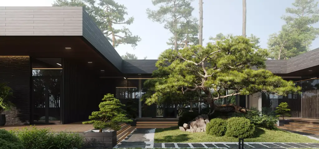 3D exterior rendering of modern black house with zen garden pine tree stone path and landscaped courtyard