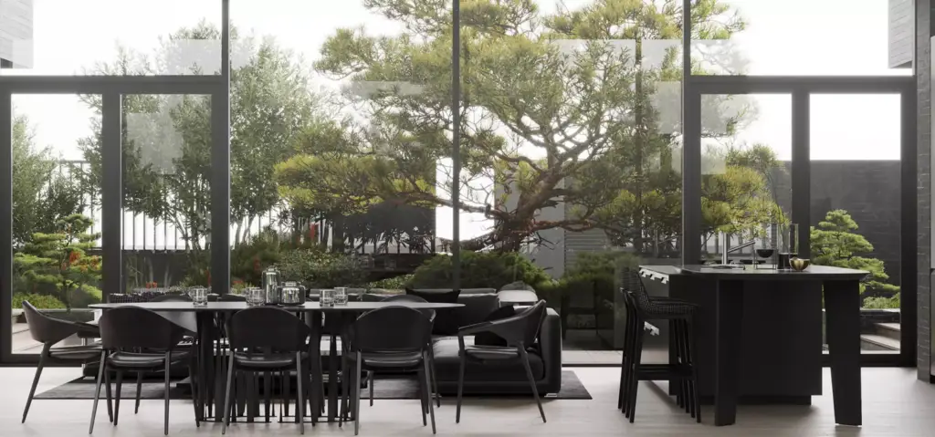 3D exterior rendering of modern dining and kitchen area with large glass wall overlooking landscaped garden