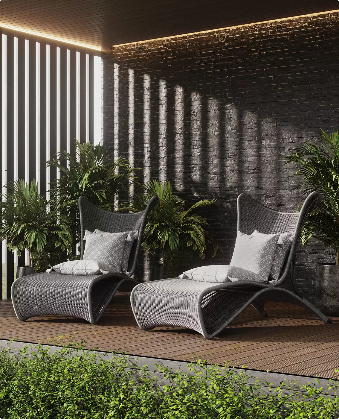 3D exterior rendering of modern patio lounge with wicker chairs wood deck plants and dark stone wall