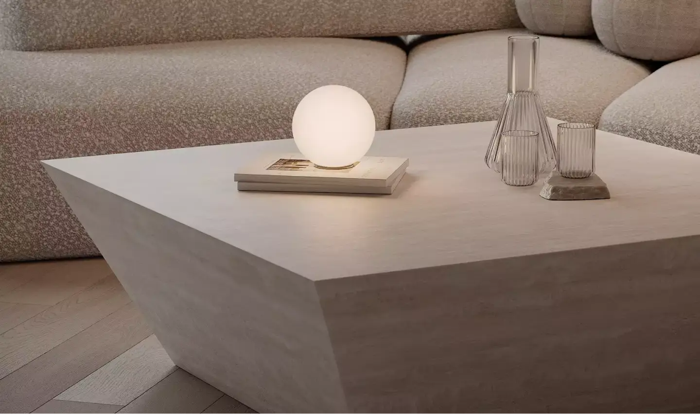 Concrete coffee table and sculptural lamp in a modern brutalist living room, 3D rendering