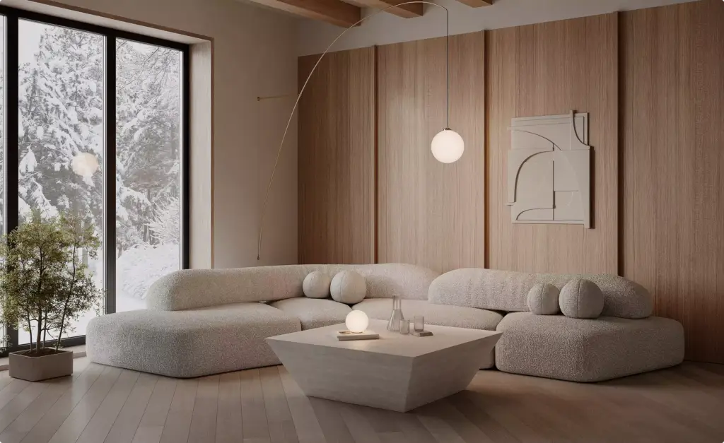 3D furniture rendering of curved boucle sofa with marble coffee table and pendant light in wood paneled living room